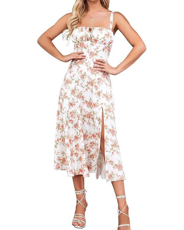Floral Midi Corset Dress Boho Flowy Slit Lace Up Dresses for Women Going Out A Line Casual Sundre... | Amazon (US)