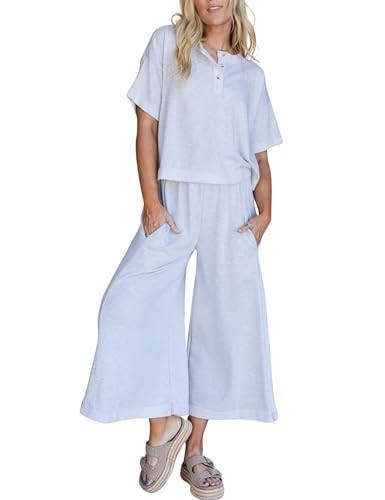Tanming Womens 2 Piece Outfits Short Sleeve Top Wide Leg Pants Matching Tracksuit Travel Vacation Outfits(LightGrey-S) | Amazon (US)