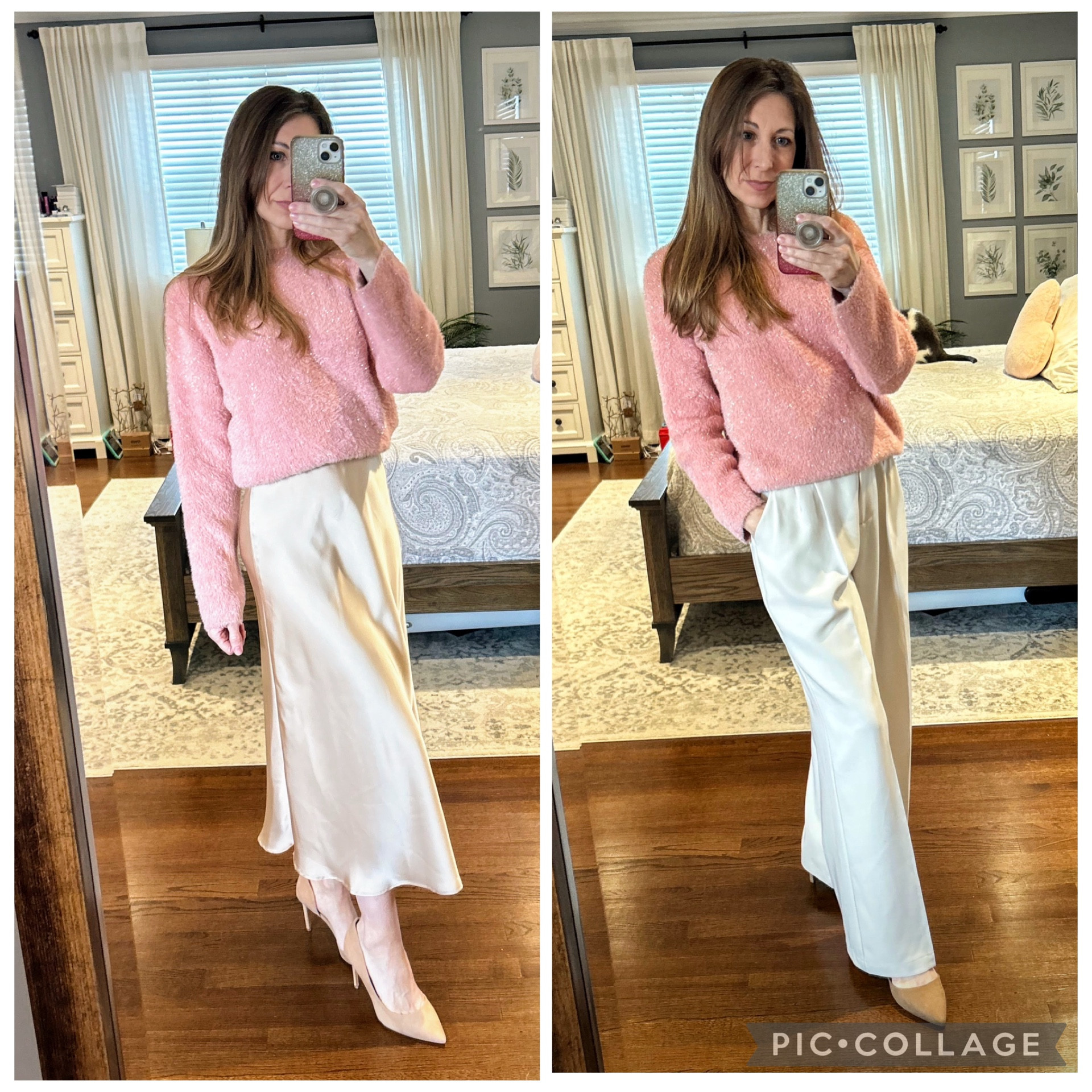 This or That?

I try hard to style the pieces I buy in multiple ways. This allows for a much more versatile closet.

I love the soft color combo of the pink sweater with the off white bottoms. A nude(ish) heel and gold jewelry finish the look (I’ll link the earrings I wore with these outfits).

Tip: I used an elastic belt (from Amazon) to neatly tuck the sweater above the skirt. This helps to maintain a smooth line. As for the trousers, I tucked the front of the sweater into the pants. The belt I’ve linked from WHBM would be superb here. Wear fleece lined tights underneath the trousers for extra warmth.

Items:
Sweater - shimmery pink from LOFT, bought last year. I’ve linked a similar option from LOFT, and one from Nordstrom.

Skirt - Amazon, sz S, color champagne

Trousers - Amazon, sz S, off-white

Shoes - The shoes paired with the trousers are by Bandolino in the color “Cognac Lizard". The shoes paired with the skirt are from Aldo, but are sold out. For a similar look, try the Bandolino heels I’ve linked in the color “Beige Lizard”

#LTKOver40 #LTKgrwm