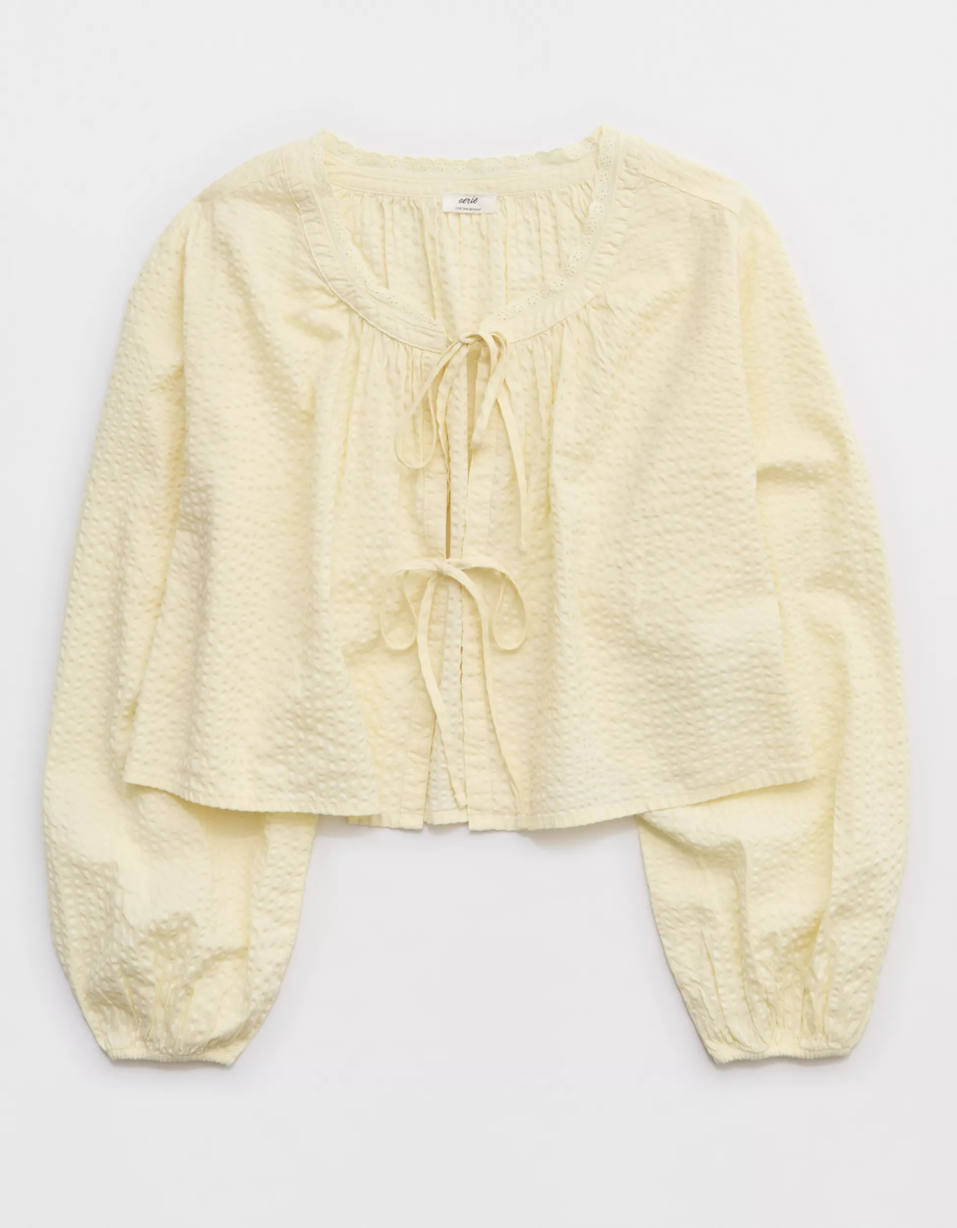 Aerie Seersucker Long Sleeve Volume Tie Top | American Eagle Outfitters (US & CA)