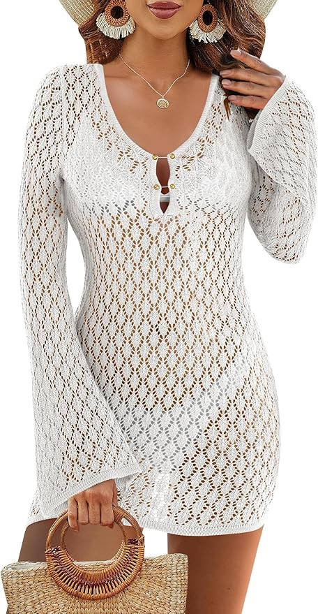 ANRABESS Women Swimsuit  Crochet Cover Up Summer 2025 V Neck Swim Bathing Suit Swimwear Sexy Beac... | Amazon (US)
