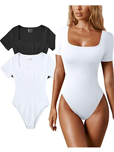 OQQ Women's 2 Piece Bodysuits Sexy Ribbed One Piece Square Neck Short Sleeve Bodysuits       Send... | Amazon (US)
