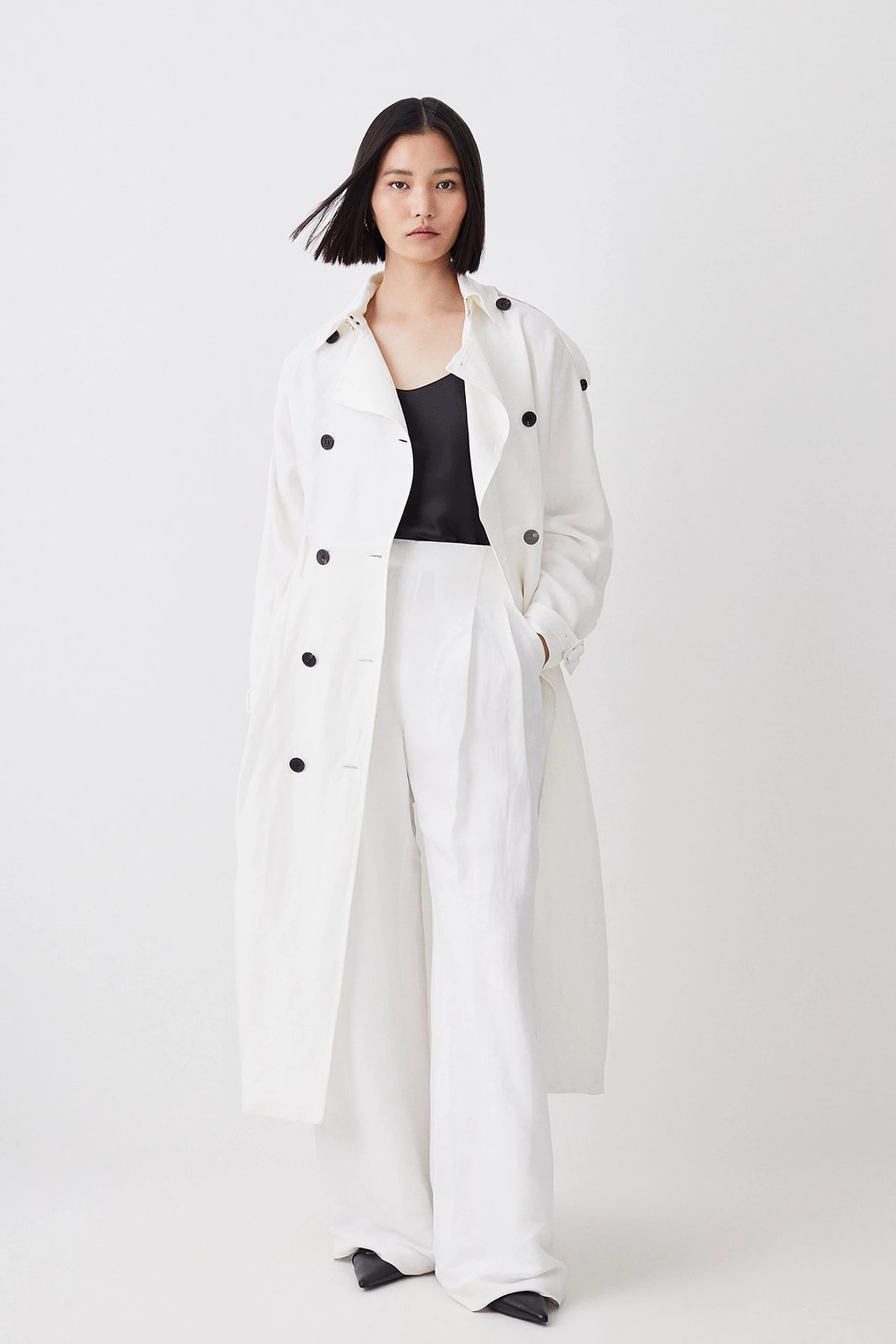 Polished Linen Rounded Sleeve Trench Coat | Karen Millen UK + IE + DE + NL