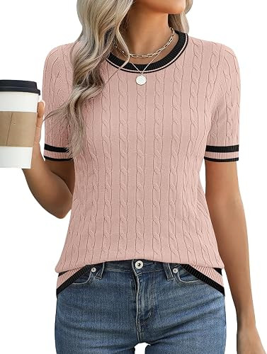 Micoson Womens Short Sleeve Cable Knit Sweater Tops Crewneck Lightweight Spring Summer Shirts Bus... | Amazon (US)