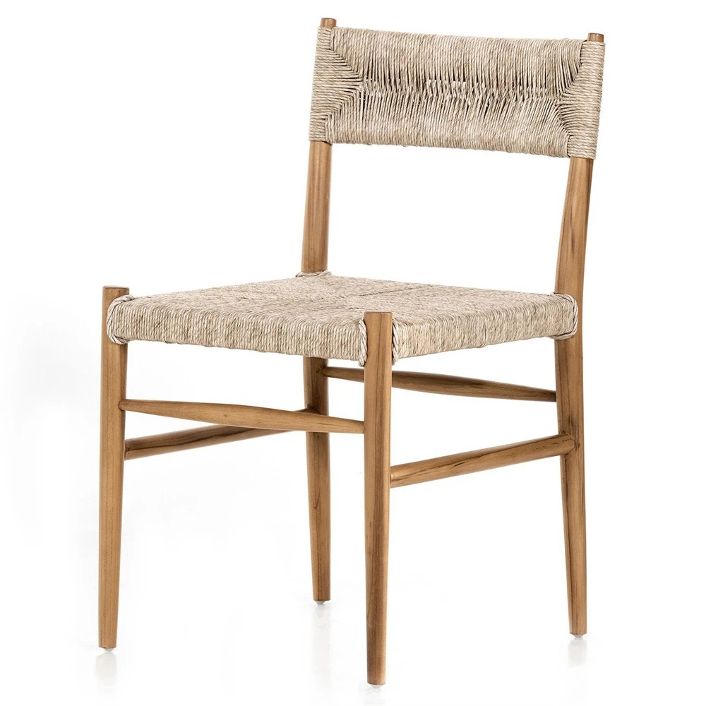 Mable Global Bazaar Beige Wicker Seat Natural Teak Outdoor Dining Chair | Kathy Kuo Home