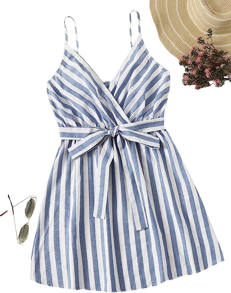Striped Belted Wrap Summer Tank Dress | Amazon (US)