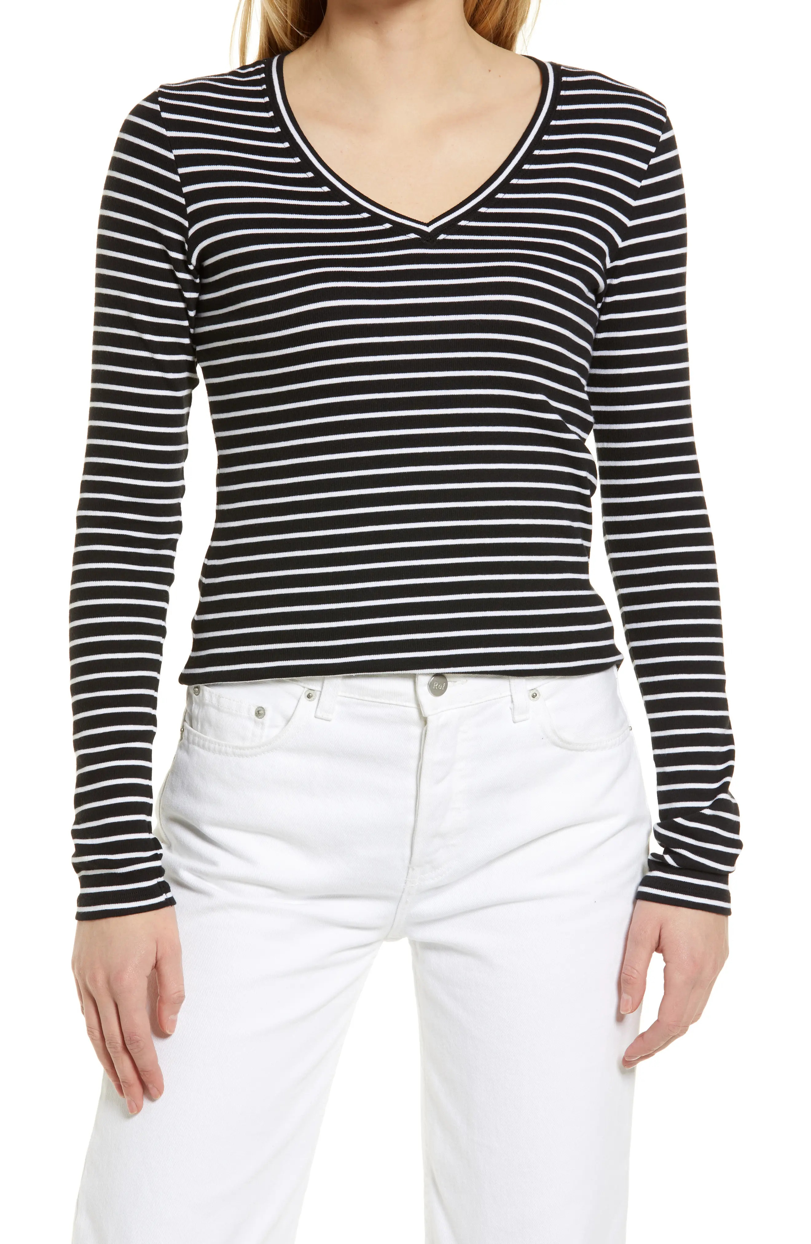Nordstrom Everyday Long Sleeve V-Neck T-Shirt in Black- White Carlotta Stripe at Nordstrom, Size Med | Nordstrom