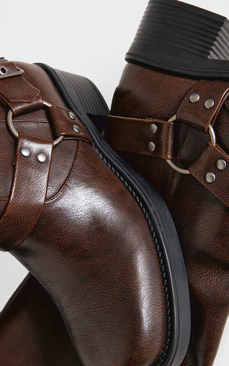 Brown Pu Wide Fit Square Toe Double Buckle Block Heel Knee High Boots | Pretty Little Thing (Australia & New Zealand)