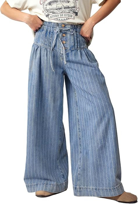 CHARTOU Women's Baggy Wide Leg Denim Pants Drawstring Midi Waisted Flare Jeans Ruffle Pleated But... | Amazon (US)