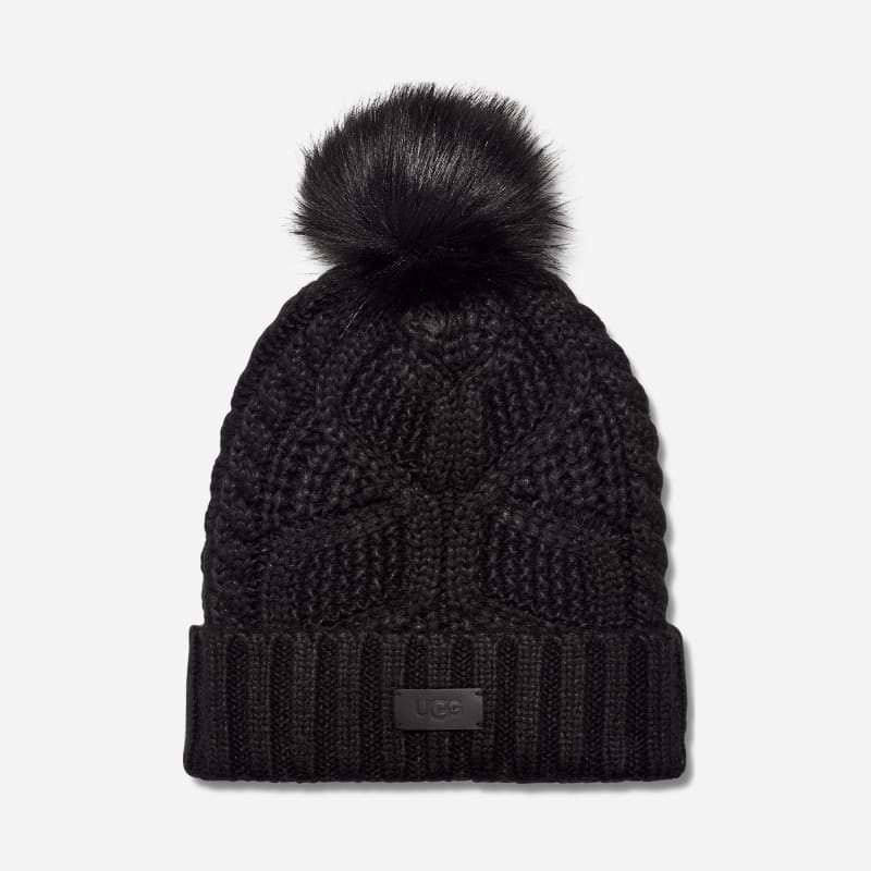 UGG® Women's Cable Beanie With Pom Knit/Faux Fur in Black | UGG (US)
