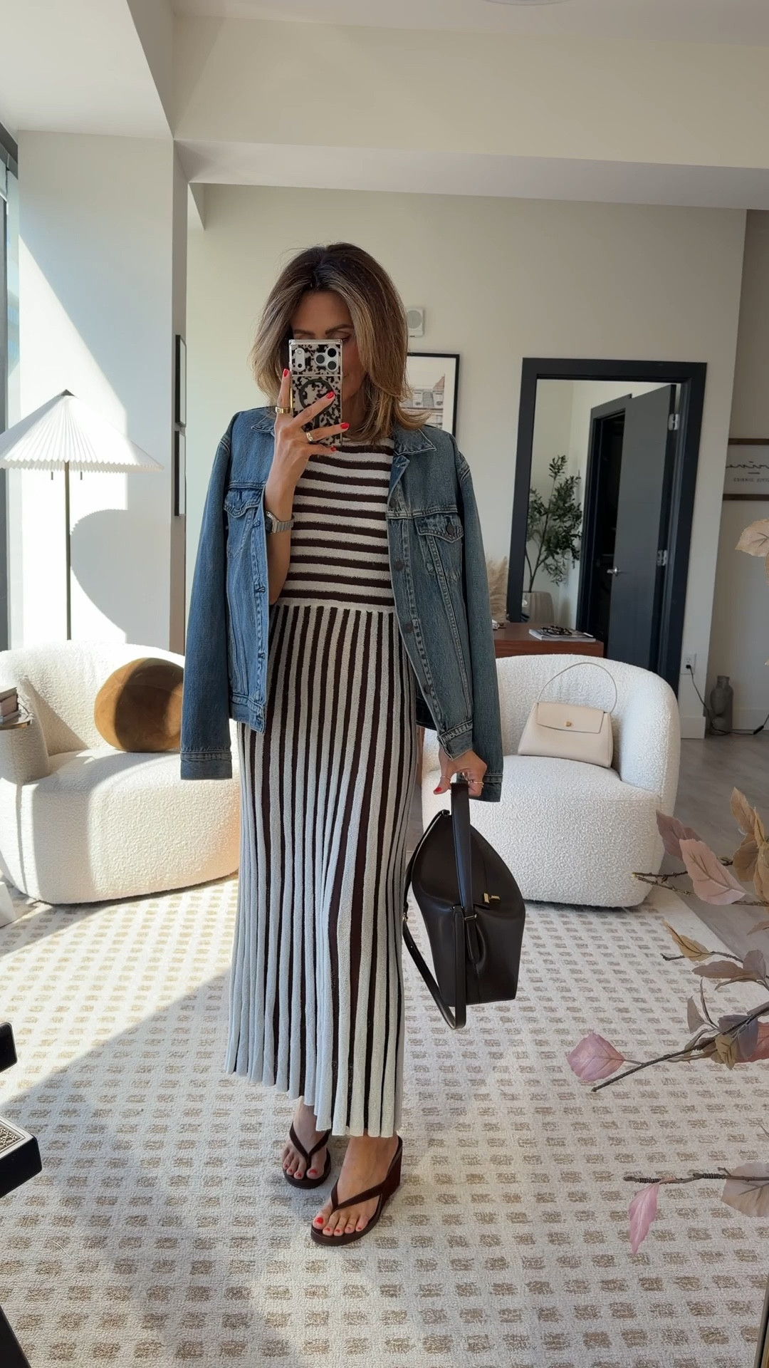 Terry cloth maxi dress in brow and white, the perfect transitional fabric and silhouette for spring - paired with a denim jacket! 

#LTKMidsize #LTKOver40 #LTKootd