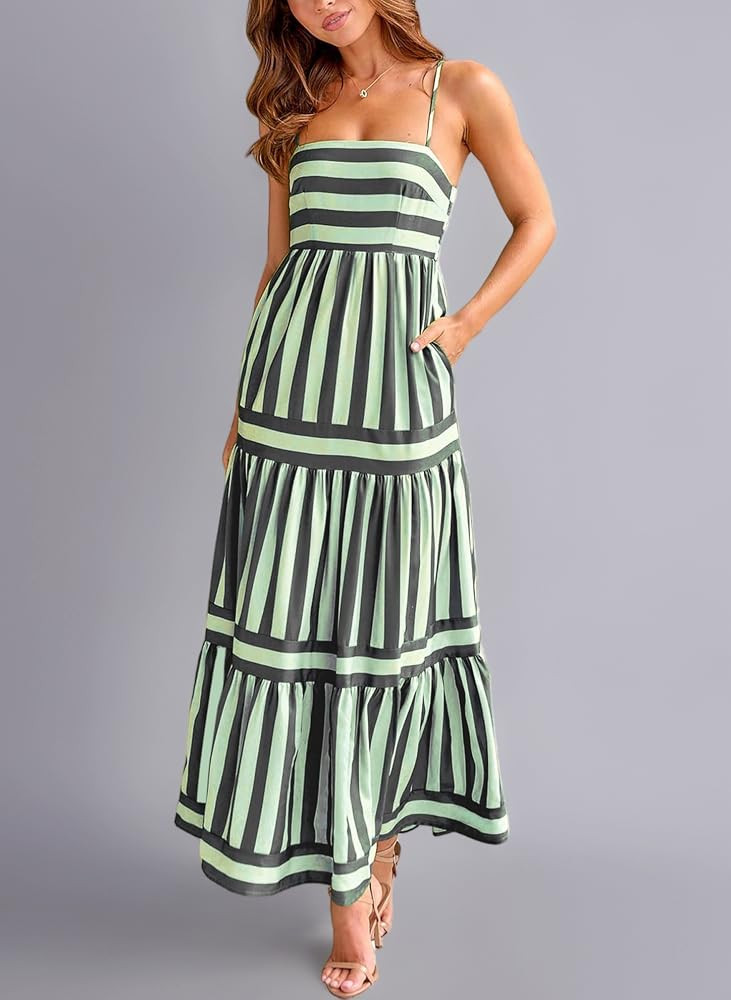 Women's Summer Casual Long Maxi Beach Vacation Striped Dresses Sleeveless Flowy Tiered Sun Dress | Amazon (UK)