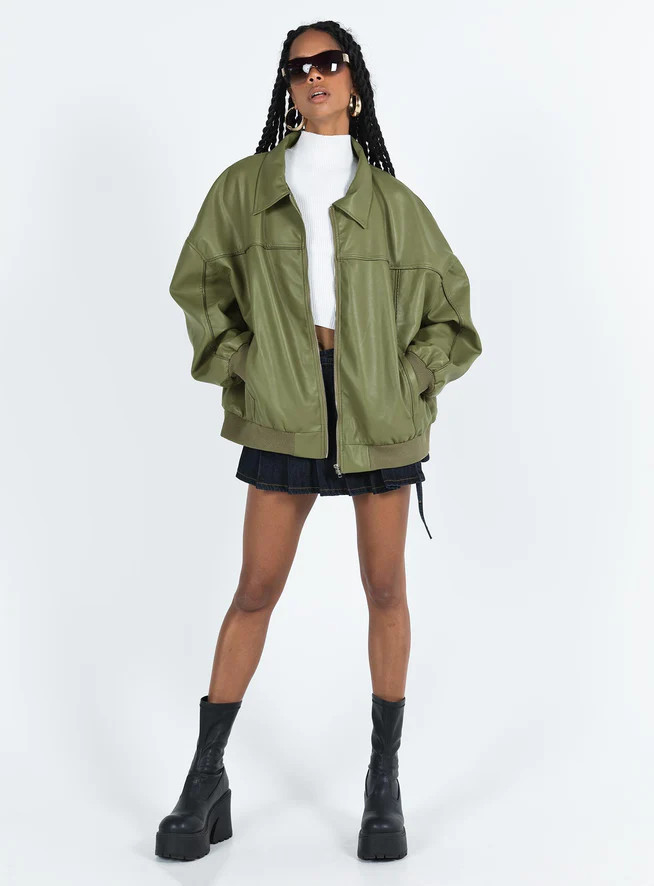 Goldsmith Faux Leather Bomber Jacket Green | Princess Polly US