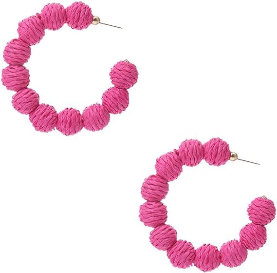 Statement Raffia Earrings for Women,Rattan Ball Hoops Dangle Earrings Boho Handmade Braid Straw W... | Amazon (US)