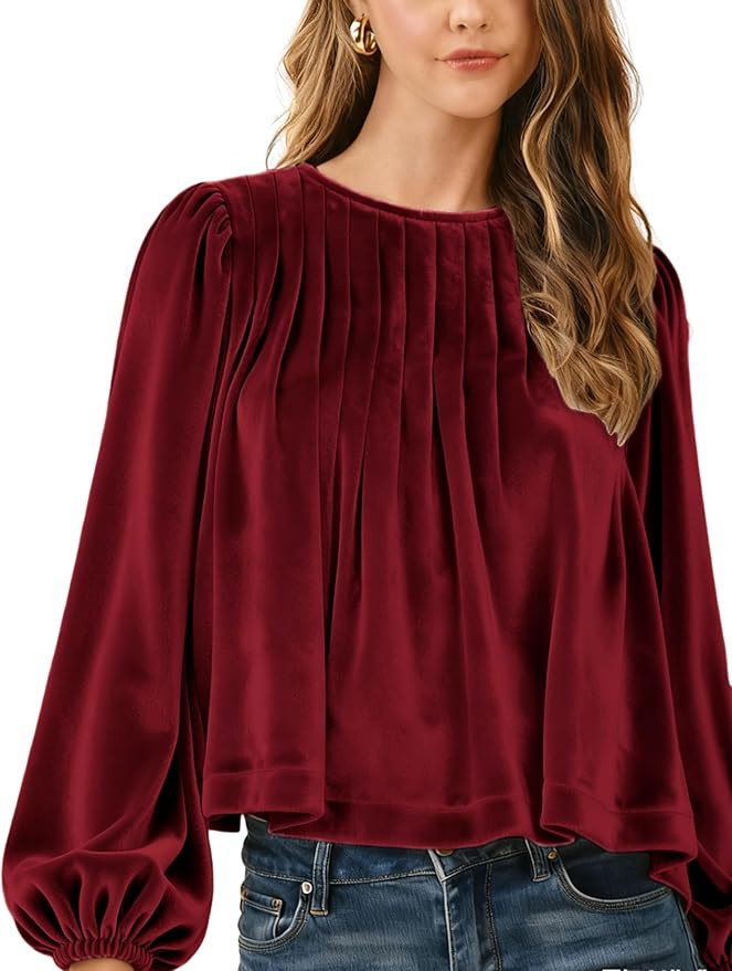 Gozoloma Women's Velvet Babydoll Top Long Sleeve Bubble Blouse Pleated Smocked Cuff Dressy Casual... | Amazon (US)