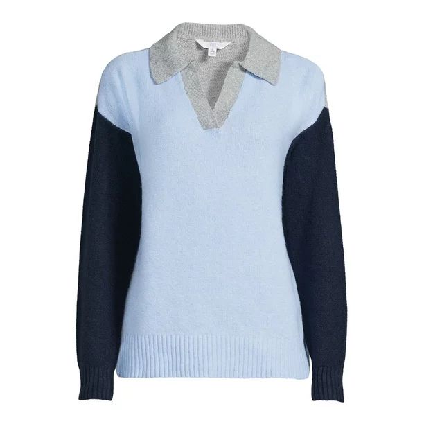 Time and Tru Women's Long Sleeve Colorblock Polo Sweater - Walmart.com | Walmart (US)