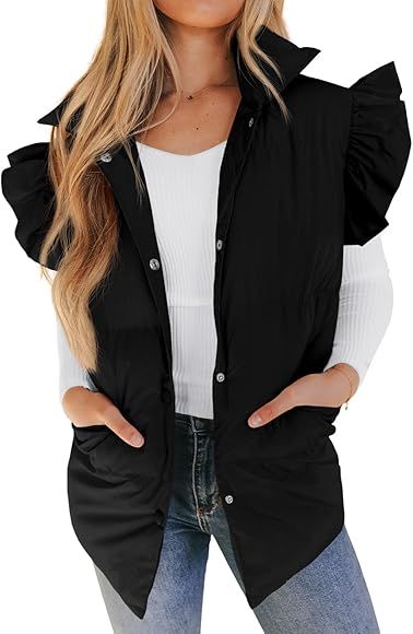 Valphsio Women's Ruffle Puffer Vests Winter Button Down Padded Gilet with Pocket | Amazon (US)