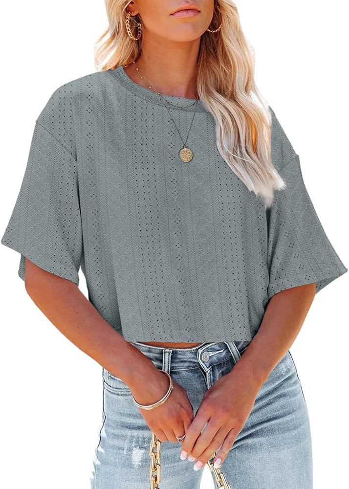 Tankaneo Womens Casual Eyelet Cropped T Shirts Summer Half Sleeve Crop Tops Solid Color Round Neck Crop Tees | Amazon (US)