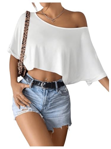 SHENHE Women's Crop Top Asymmetrical Neck Half Sleeve Loose T Shirt Off Shoulder Tops White X-Small | Amazon (US)