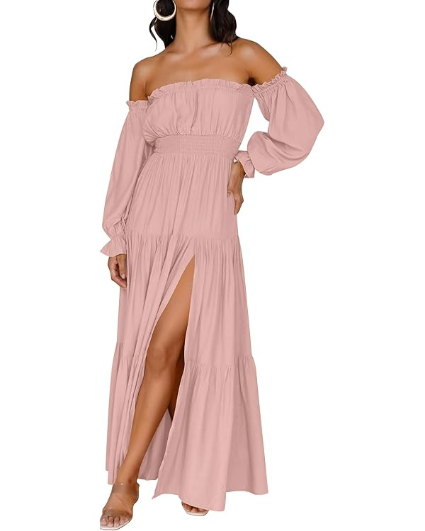 ZESICA Women's Boho Off Shoulder Wedding Guest Dress 2026 Spring Summer Side Split Flowy A Line L... | Amazon (US)