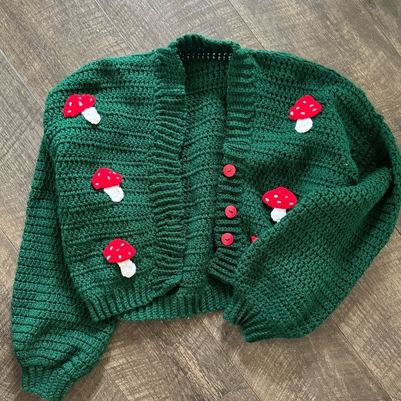 Dark green hand made mushroom cardigan. Fits a small or extra small! | Poshmark