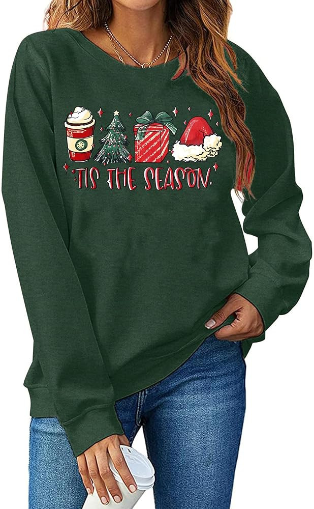 PECHAR Christmas Sweatshirts Women Tis The Season Xmas Shirt Xmas Outfit Green Sweater Outfits | Amazon (US)