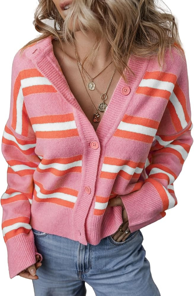 EVALESS Women's Striped Cardigan Sweaters Trendy Lightweight Chunky Knit Cropped Sweaters Outfits... | Amazon (US)