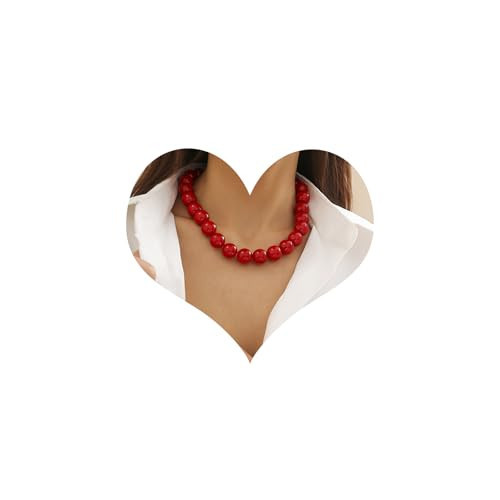 CLOORDE Chunky Red Beaded Necklace for Women Trendy 16mm Beads Choker Large Smooth Glossy Red Beaded Necklace Large Natural Stone Statement Jewelry Accessories | Amazon (US)