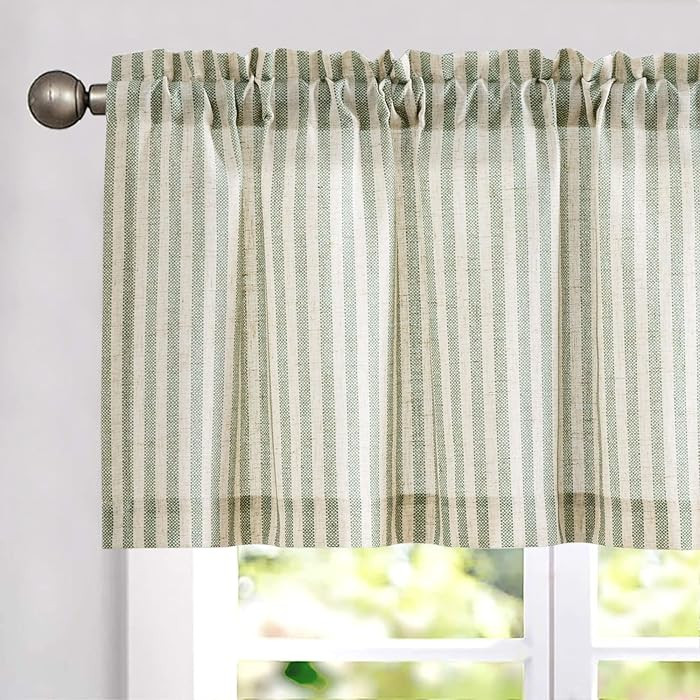 Vangao Kitchen Valance Linen Blend Stripe Short Curtains Pinstripe, 16 Inch, 1 Panel, Green on Be... | Amazon (US)