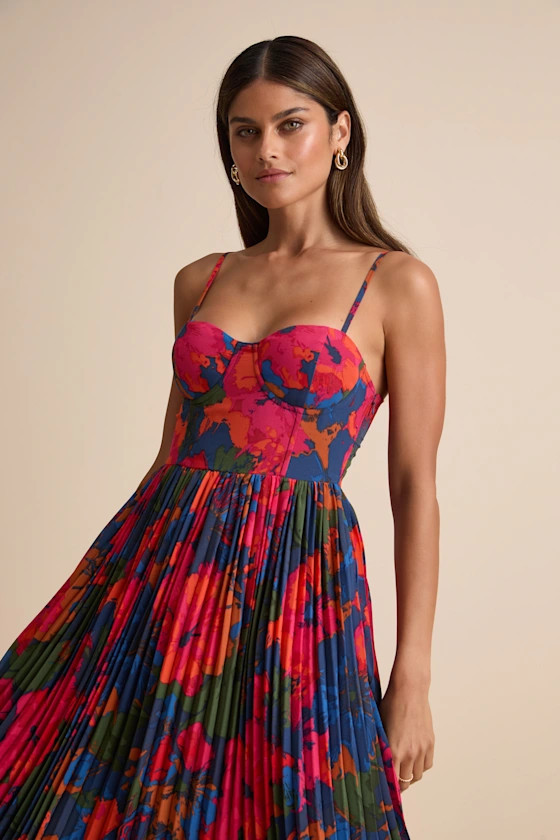 Dorothy Dark Blue Multi Floral Print Pleated Midi Dress | Lulus
