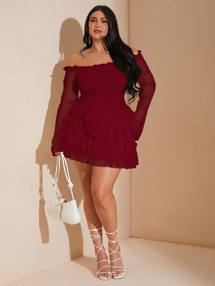 SHEIN BAE Plus Size Fall Sweet And Sexy Ruffle Texture Off-Shoulder Long-Sleeved Pleated Layered Ruffle Mini Dress | SHEIN
