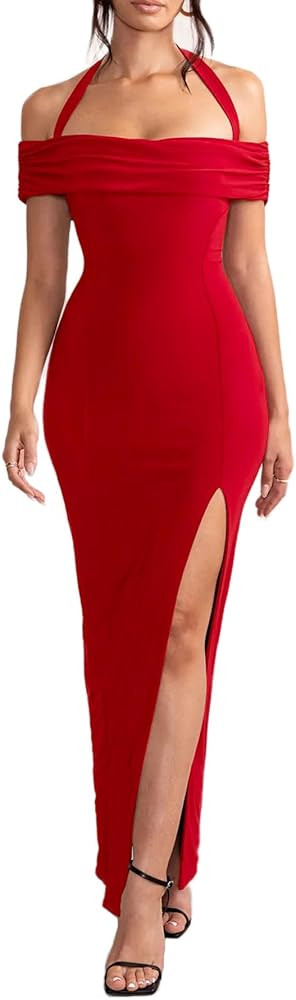 Rooscier Women's Halter Off Shoulder High Split Bodycon Sexy Party Maxi Dress | Amazon (US)
