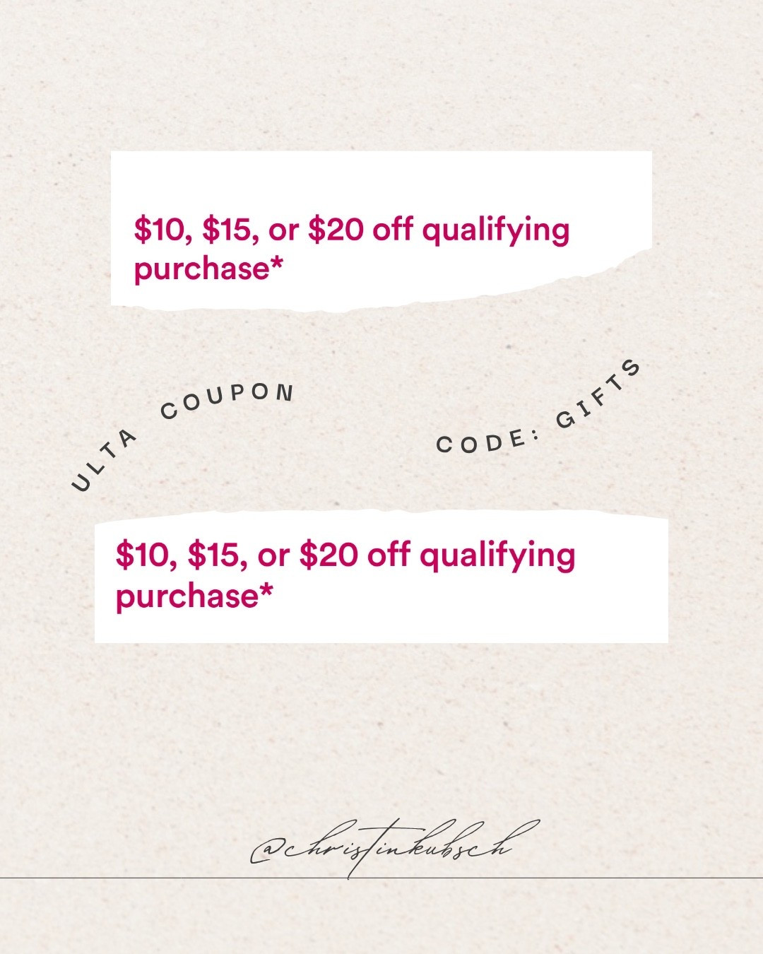 Coupon code to ULTA beauty! Use code “ GIFTS “ for $10, $15 or $20 off qualifying purchasess

#LTKSaleAlert #LTKCyberWeek #LTKHoliday
