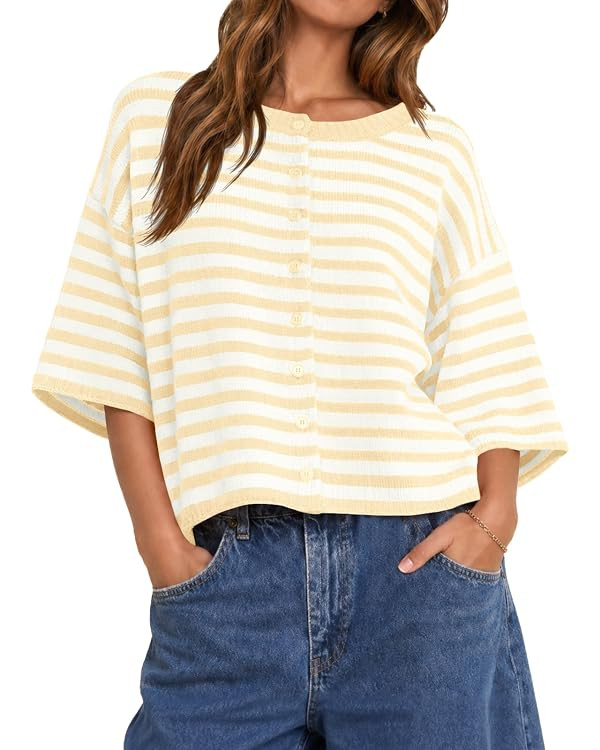 Saodimallsu Womens Short Sleeve Cardigan Cropped Striped Button Down Oversized Lightweight Knit S... | Amazon (US)