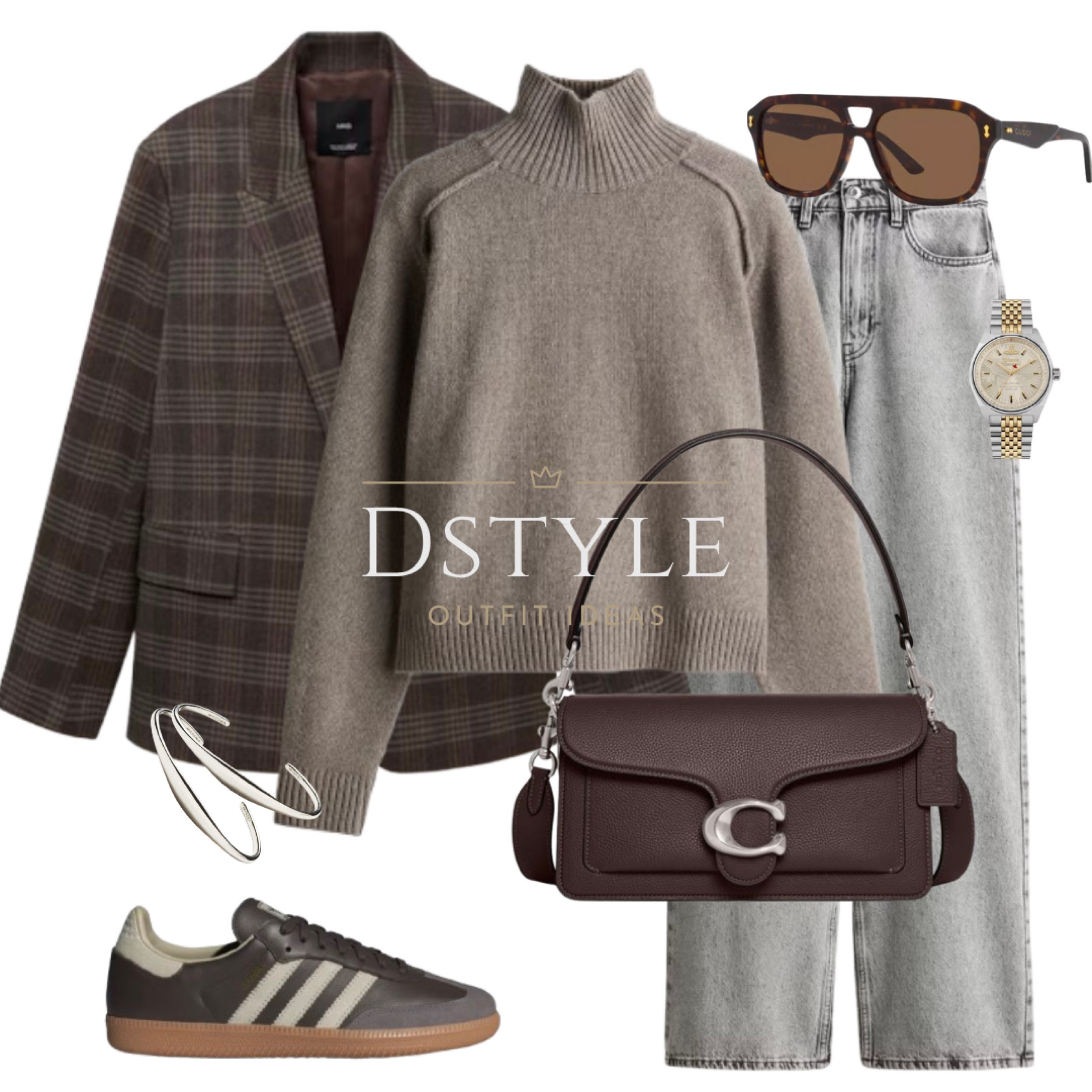 Brown checked blazer, greige marl sweater/jumper, grey wide jeans, brown/grey Adidas Samba sneakers/trainers, Coach Tabby Shoulder Bag, 

#LTKItBag #LTKWorkwear #LTKShoeCrush