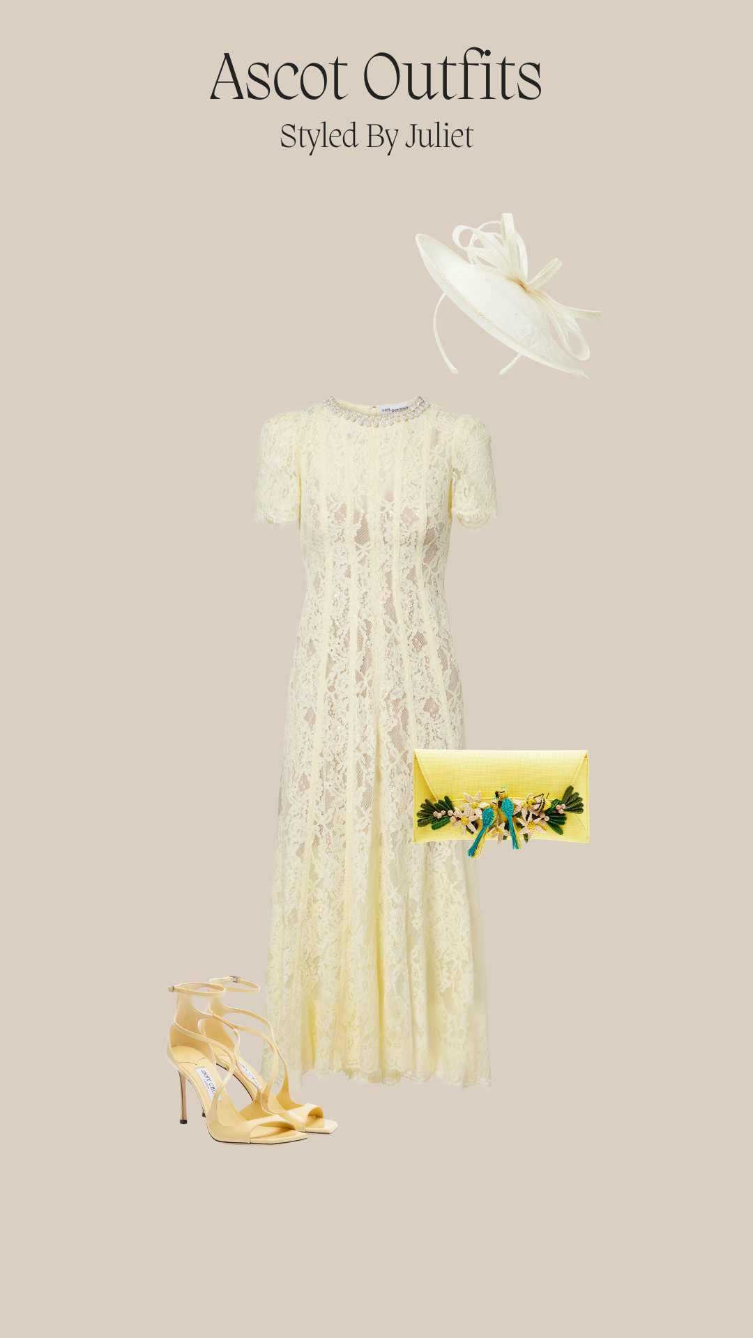 ascot outfit, ascot style, race day outfit, wedding guest dress, occasionwear, formal outfit, ivory lace dress, cream midi dress, short sleeve lace dress, feminine styling, fascinator, cream headpiece, statement clutch, embellished clutch, yellow clutch, strappy heels, neutral outfit, elegant dressing, classic style, polished look 

 #LTKgrwm #LTKootd #LTKU