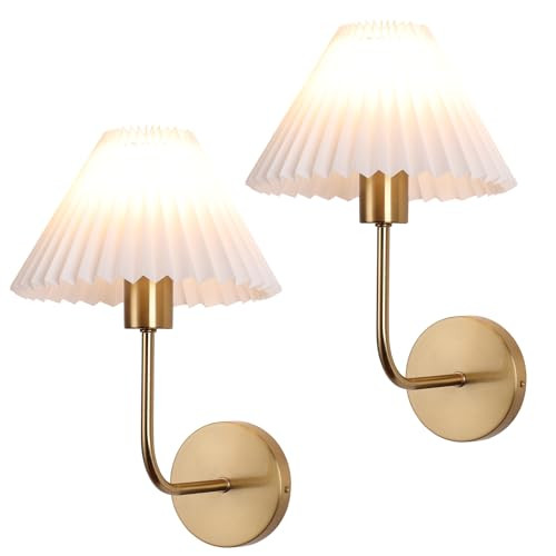 Wall Sconces Sets of 2, White Pleated Fabric lampshade, Brushed Gold Wall Lamp Curved Wall Lighting Bathroom Dresser Hardwired sconces wall decor Fixture Applicable to Living Room Bedroom Dining Room | Amazon (US)