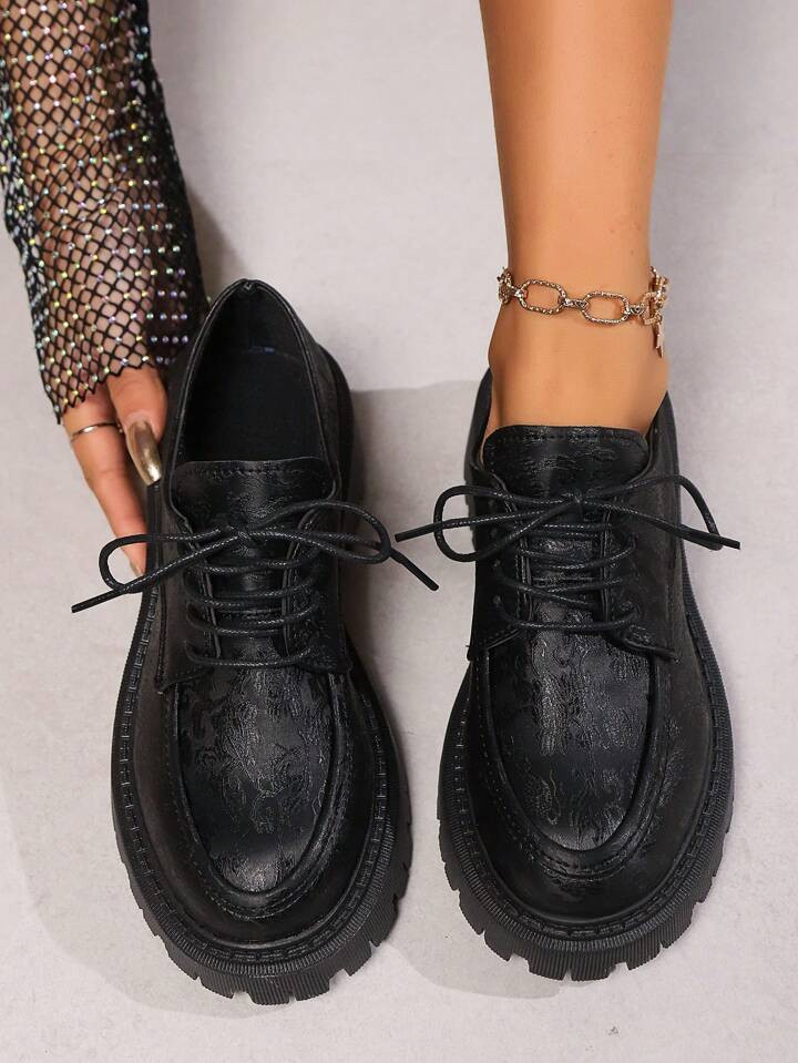 Women's Fashion Lace-Up Shoes, Black Printed Wedge Heels, Thick Soles, Soft, Non-Slip, Wear-Resis... | SHEIN