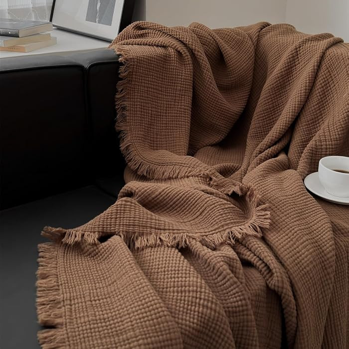 Brown Cotton Muslin Throw Blanket 50x60 with Fringes | Amazon (US)