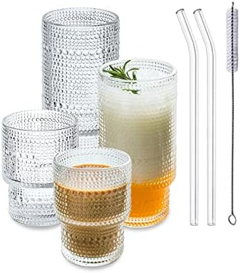 Vintage Drinking Glass Cups Set of 4, Ribbed Glassware Unique Raindrop Style, Origami Style Trans... | Amazon (US)