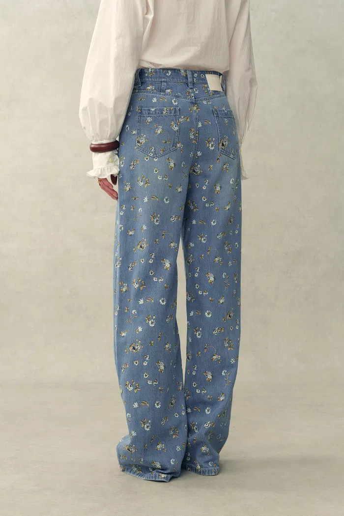 Dorel Floral Print Straight Leg Jeans in Linen Blend Denim | Fabrique
