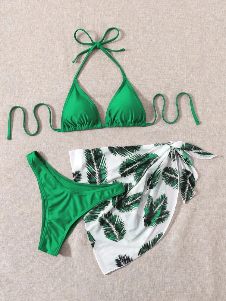 Tropical Print Halter Triangle Bikini Swimsuit With Beach Skirt | SHEIN