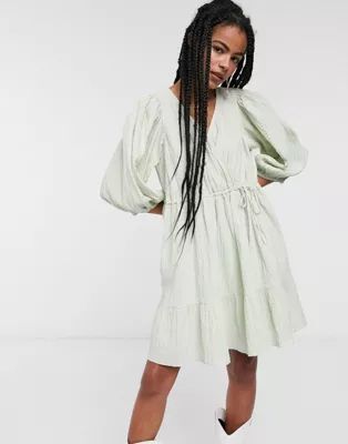 & Other Stories shirred mini wrap dress in mint green | ASOS (Global)