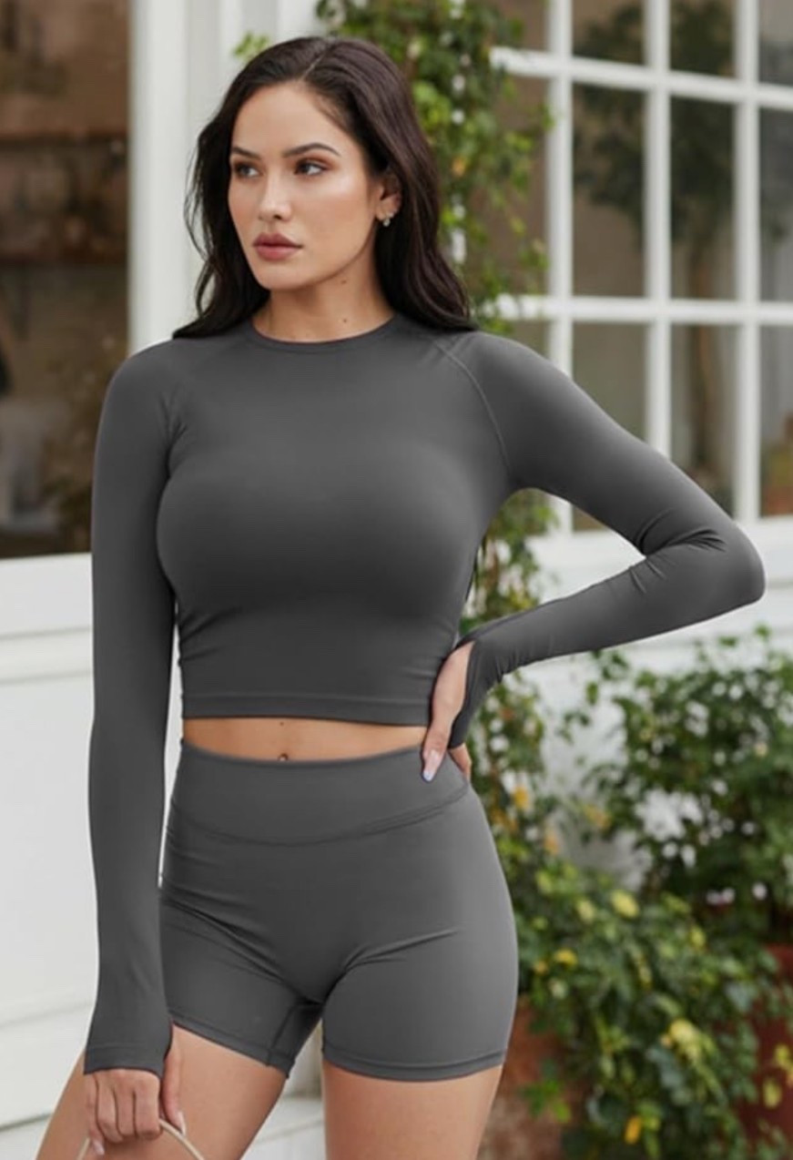 Find in my Glow Up Edit Collection. 🤍 One month until summer… time for the glow up. This slim fitted long sleeve top with matching shorts is made to help you feel strong, confident, and fully in your best-self era. Perfect for workouts,  walks, errands, or styled as an off-duty set, it hugs in all the right places while keeping you comfortable and motivated. 

Your summer confidence starts now, shop the set and step into your glow up. ✨

#LTKfitnessgoals #LTKActive #LTKU