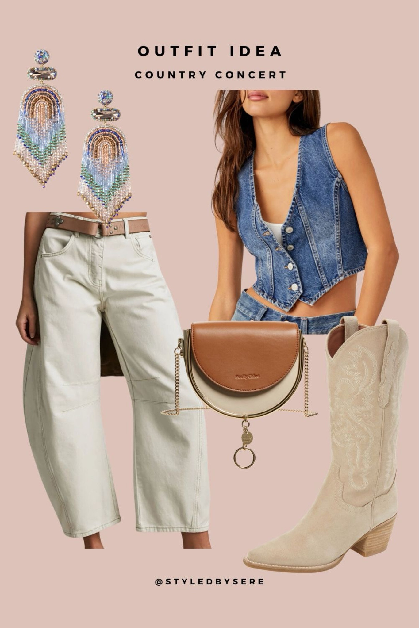 Barrel jeans are big this year. They're the perfect pair for a night in the country. Add some taller western boots and an on-trend denim vest. Now finish the look with statement earrings and a great saddle bag and you're ready to whoop it up!

#LTKFestival #LTKSeasonal #LTKShoeCrush