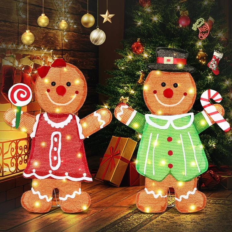 Set of 2 Lighted Gingerbread Man Decorations, 27Inch Pre-Lit Gingerbread Couple with Candy Cane &... | Walmart (US)