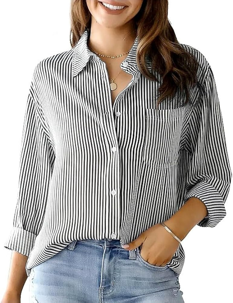 IBAOTORONI Women's Striped Button Down Shirts: Long Sleeve Office Casual Business Blouses with Po... | Amazon (US)