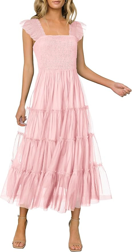 PRETTYGARDEN Women's 2024 Summer Midi Dress Casual Sleeveless Smocked Ruffle Tulle Flowy Beach Su... | Amazon (US)