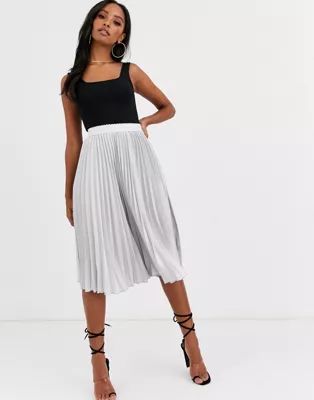 Outrageous Fortune pleated midi skirt with contrast waistband in silver | ASOS US