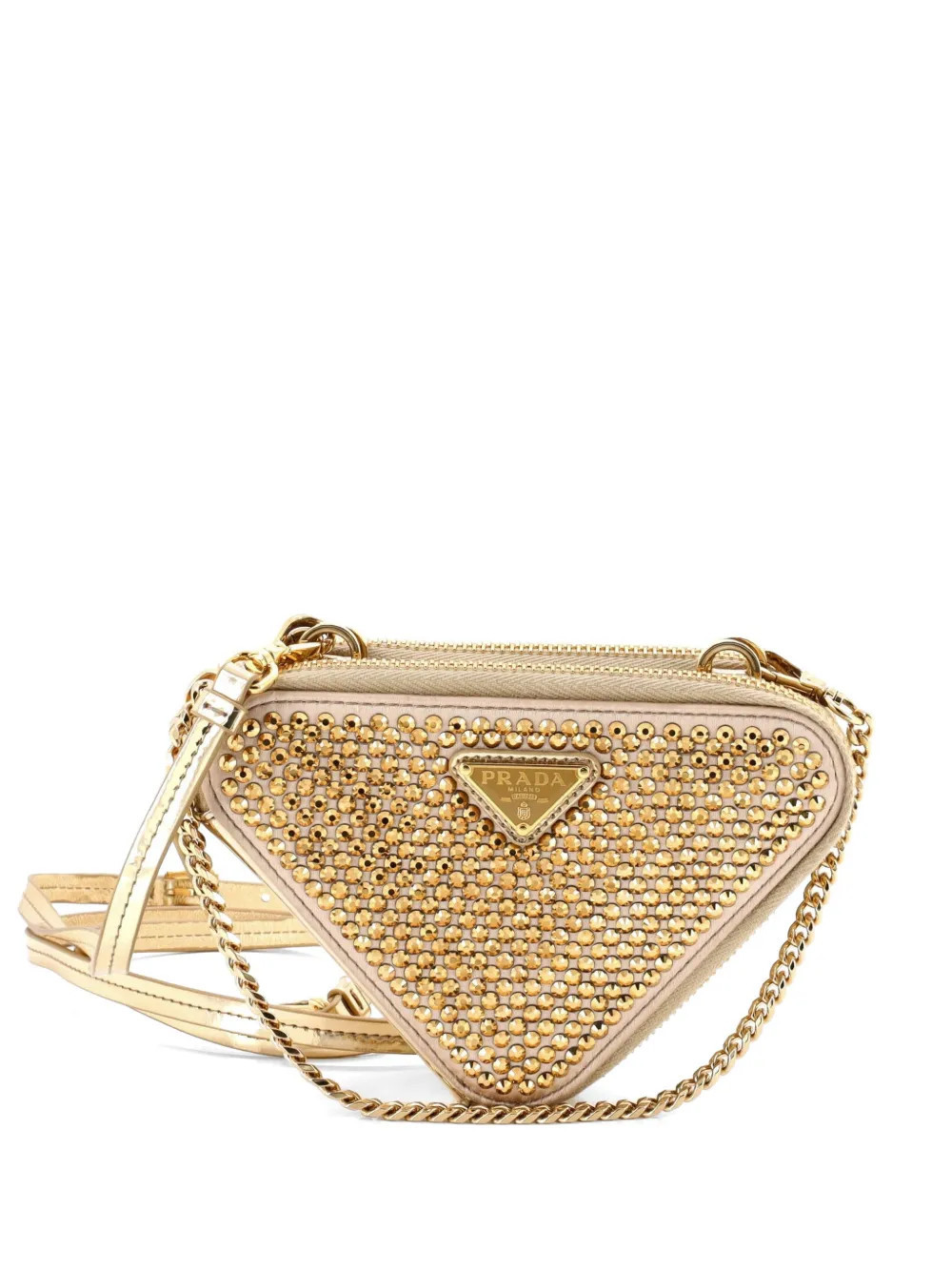 Prada Pre-Owned Triangle Double Pouch Crystal Embellished Satin Mini crossbody bag - Gold | Farfetch Global